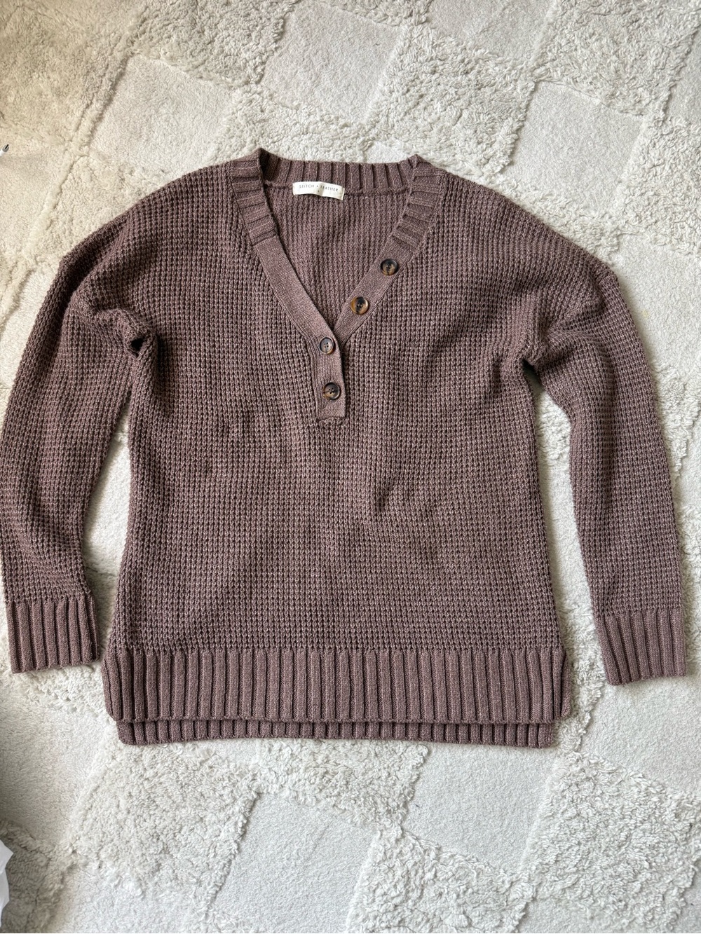 V-Neck Waffle Knit Sweater in Warm Brown